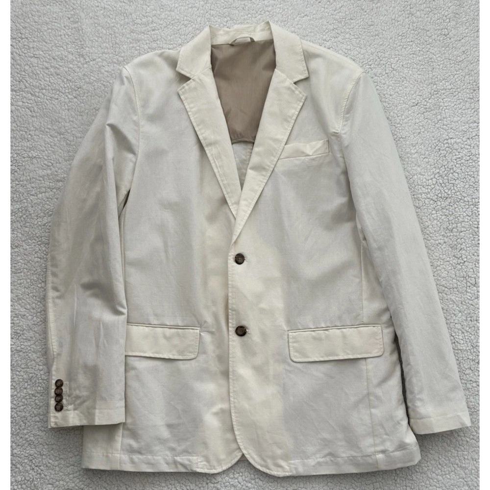 Mens Beige Linen Cotton Blazer Bueller Sport Coat Two Button Pockets Size Large